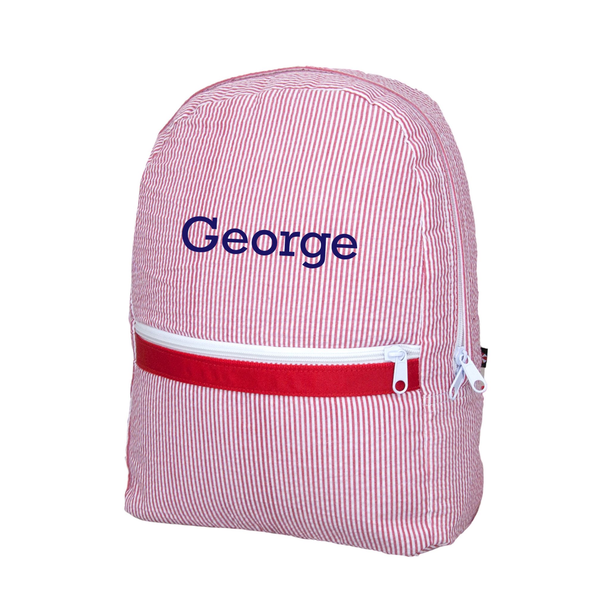 Monogrammed Red Seersucker Backpack