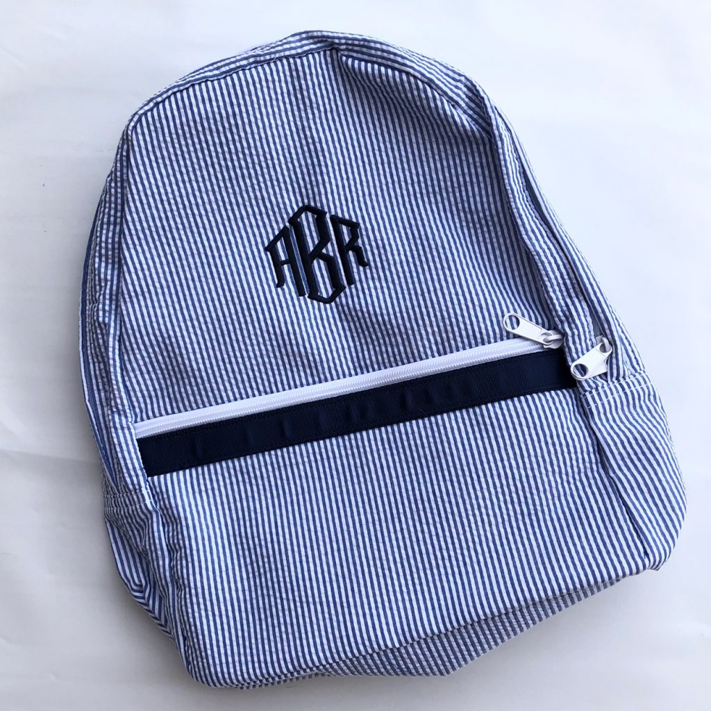 Navy Seersucker Backpack Personalized with Custom Monogram