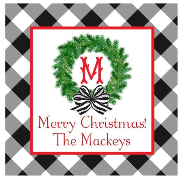 Personalized Christmas Gift Tag Stickers {Black Buffalo Check with Wreath}