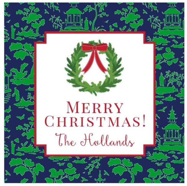 Personalized Christmas Gift Tag Stickers {Blue Chinoiserie Pattern with Wreath}