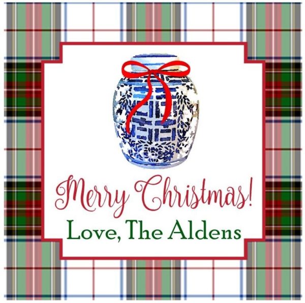 Personalized Christmas Gift Tag Stickers {Blue Ginger Jar with Plaid}