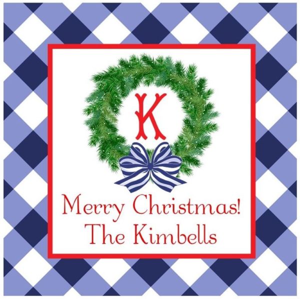 Personalized Christmas Gift Tag Stickers {Blue Buffalo Check with Wreath}