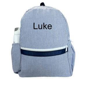 Medium Backpack Backpack with Pockets {Navy Blue Seersucker}