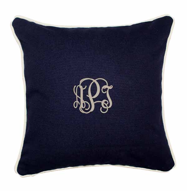 Canvas Throw Pillow Monogram Navy with White Piping