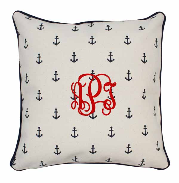 Canvas Throw Pillow Monogram {Navy Anchors with Navy Piping}