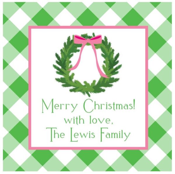 Personalized Christmas Gift Tag Stickers {Green Gingham Wreath}